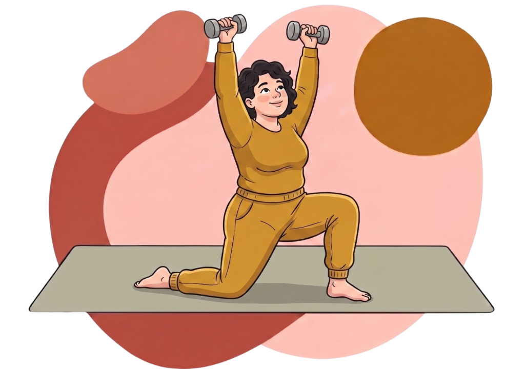 Illustration of a woman doing a low lunge with dumbbells to show the health benefits of yoga and strength training.