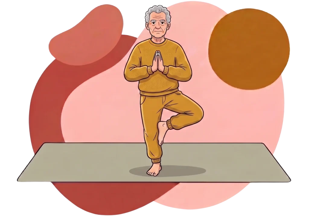 Illustration of an older man practicing tree pose on a mat to showcase the active aging benefits of yoga for balance.