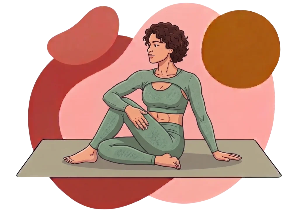 Illustration of a woman in a seated spinal twist to show the benefits of yoga for flexibility and core strength.