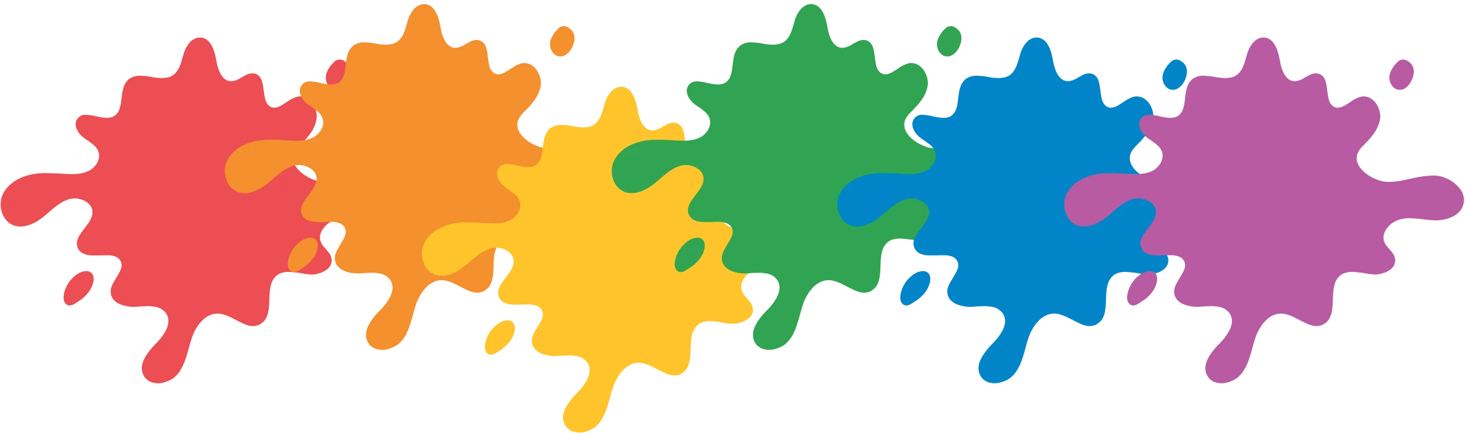 Minimalist rainbow paint splatter banner featuring a row of interconnected splashes in red, orange, yellow, green, blue, and purple.
