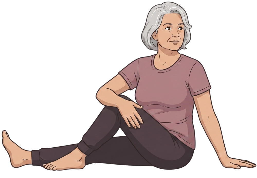 An illustration of an older woman with short gray hair practicing a seated spinal twist pose against a black background.
