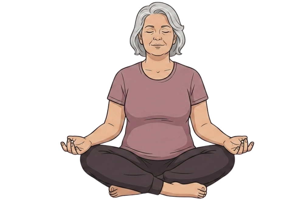 Illustration of an older woman with short gray hair meditating in a cross-legged lotus pose against a black background.
