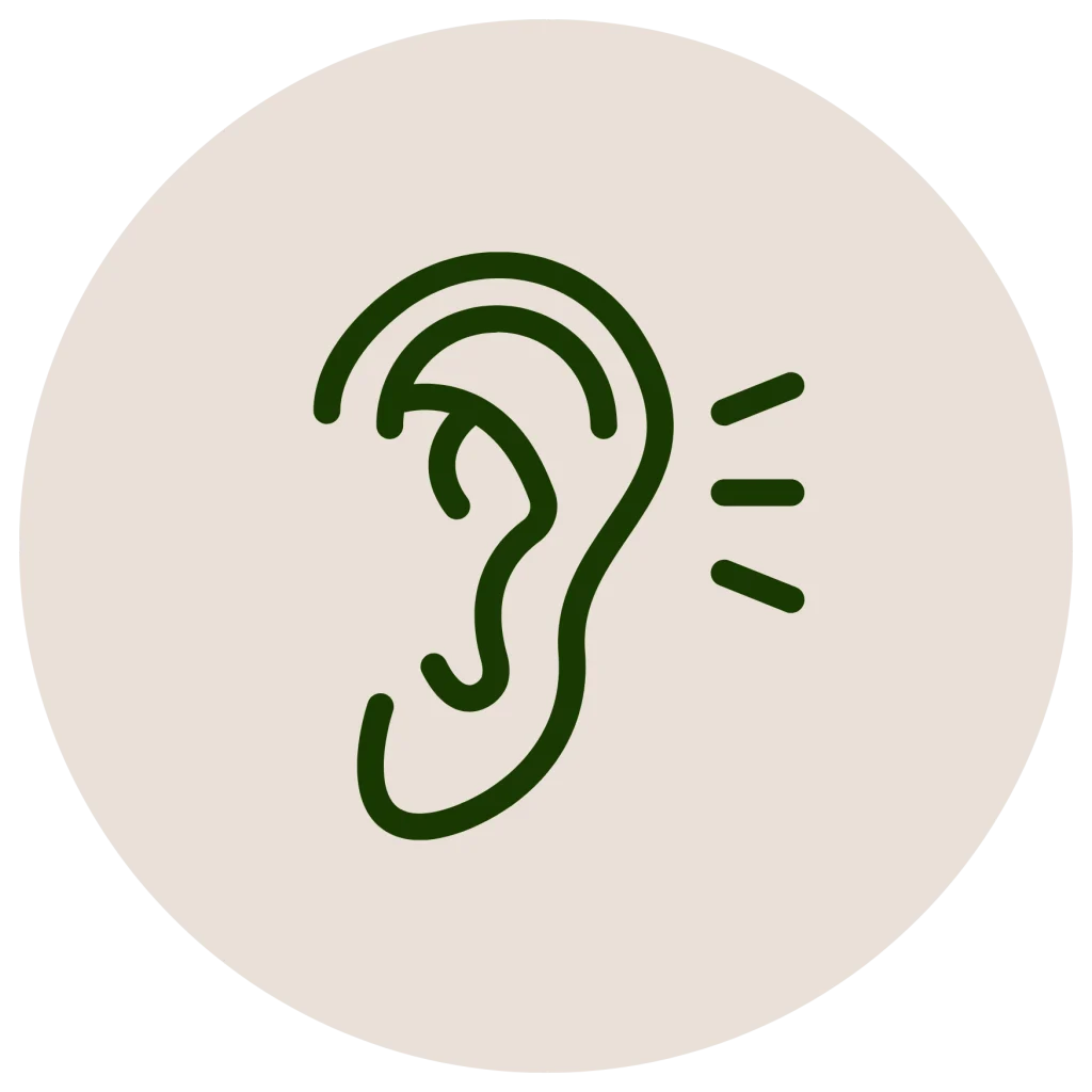 Minimalist line icon of a human ear with sound waves inside a circle, in a dark green outline on an off-white background.