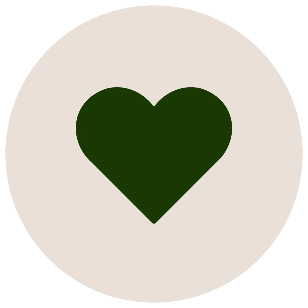 Minimalist flat icon of a heart shape inside a circle, in a dark green silhouette on an off-white background.