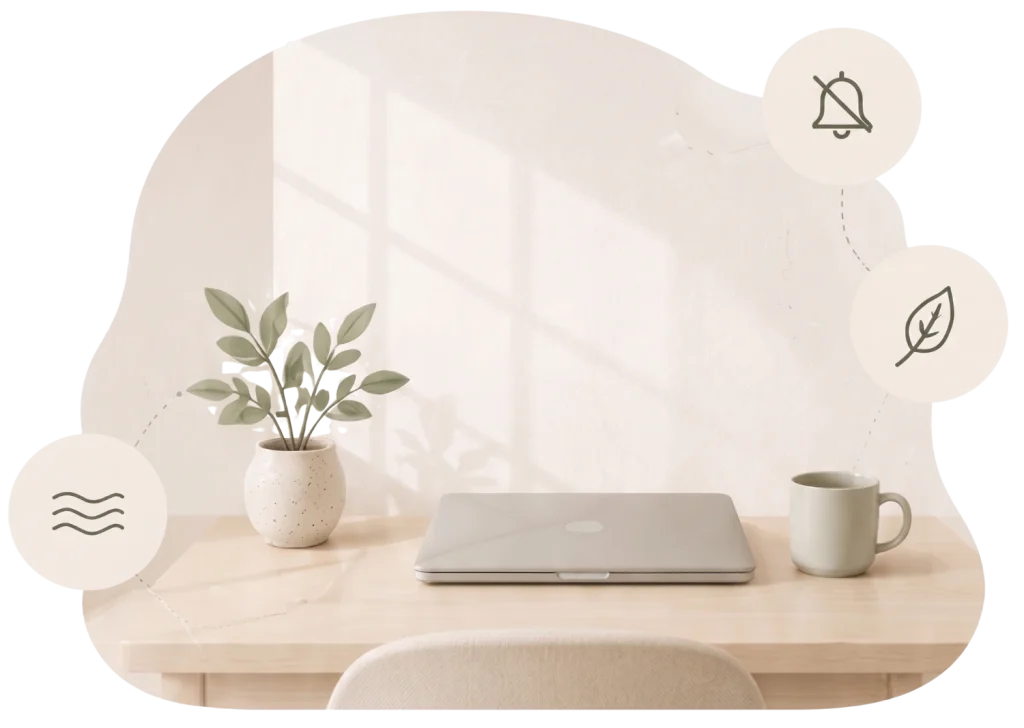 A serene, minimalist workspace background featuring a light wooden desk against a soft, off-white wall illuminated by gentle window shadows.