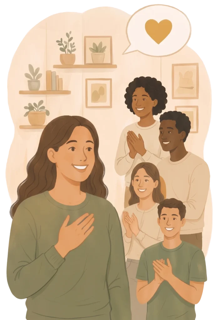 Warm, minimalist illustration of a woman smiling with her hand on her heart, while a supportive group applauds behind her.