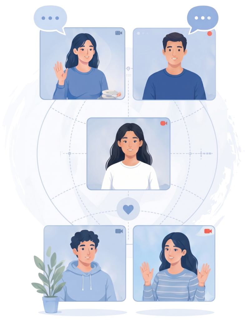 Illustration of people connecting via video call, representing social support to help manage mental health overwhelm.