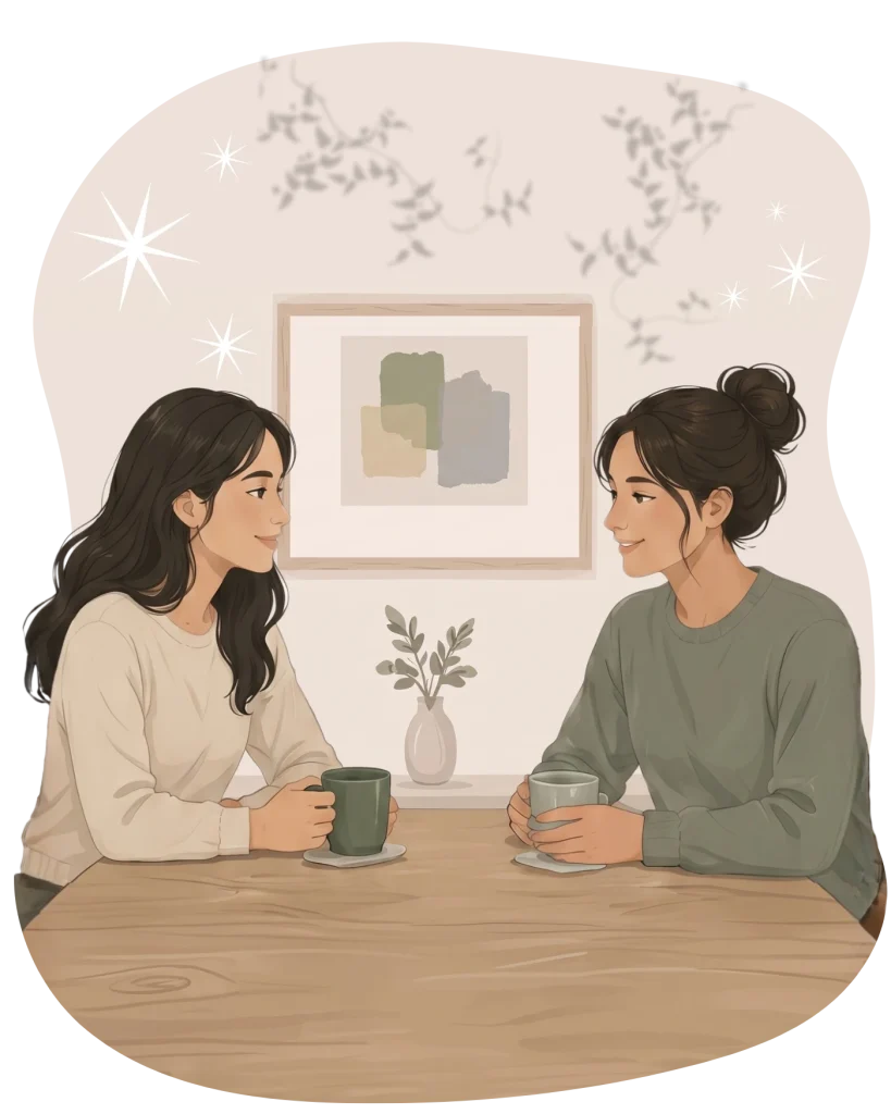 Illustration of two women sitting at a wooden table, smiling and chatting over coffee or tea in a cozy setting.
