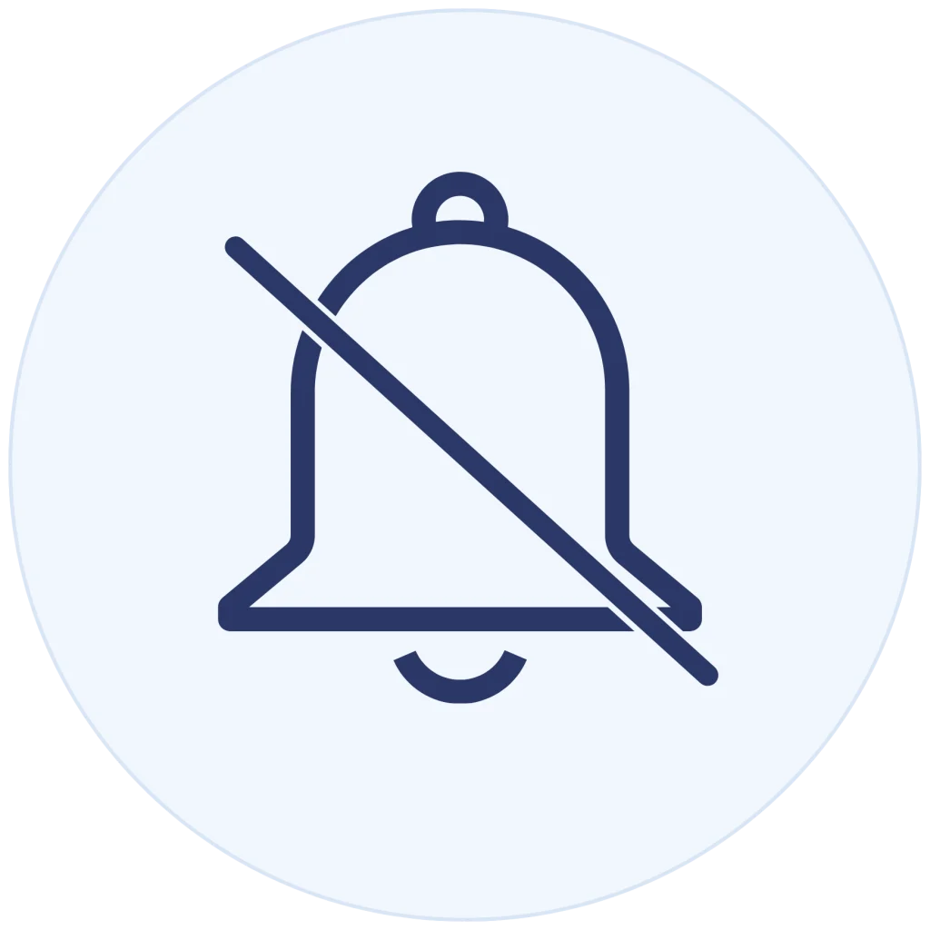 Minimalist line icon of a muted notification bell with a slash through it, inside a light blue circle background.