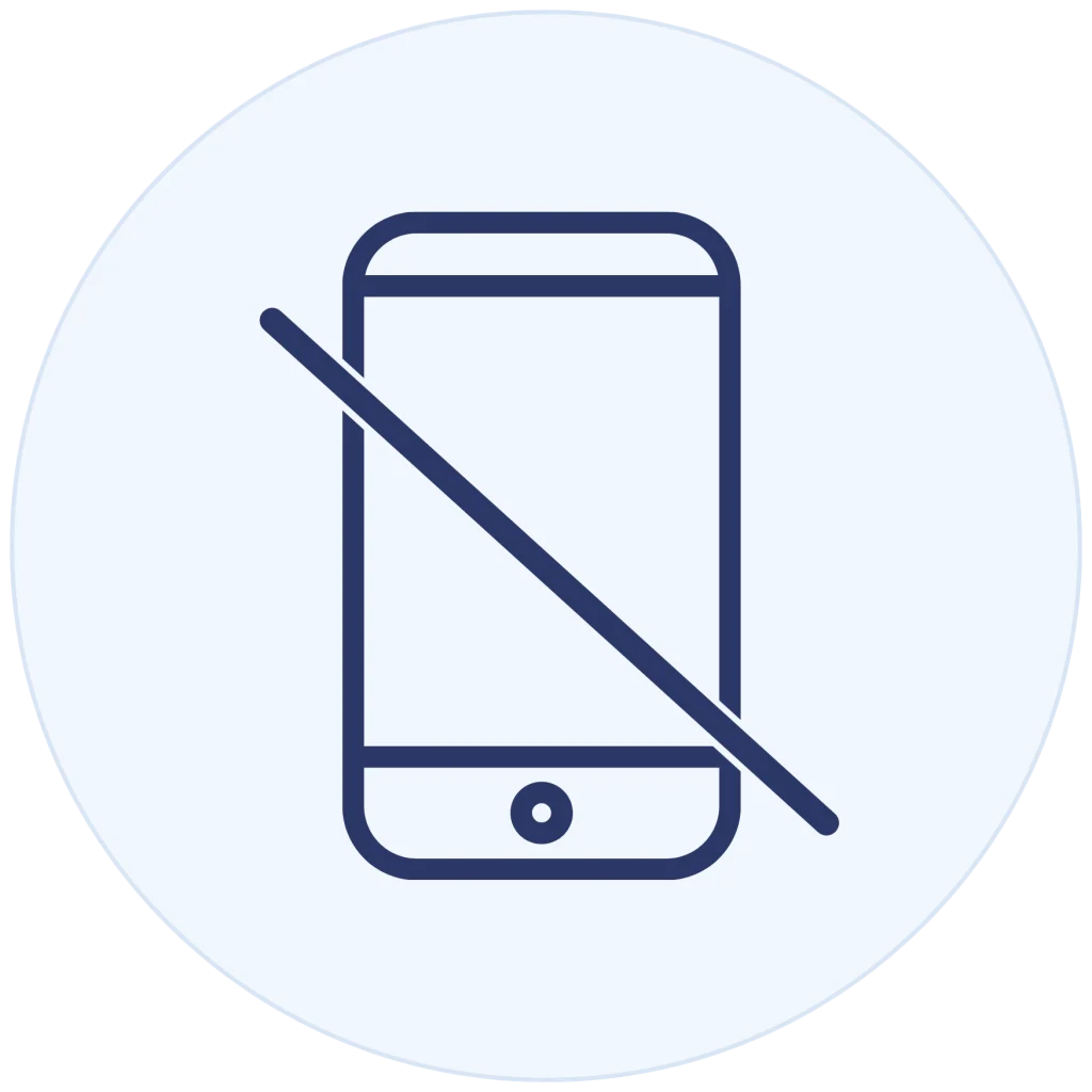 Minimalist line icon of a smartphone with a diagonal slash across it, inside a light blue circle background.
