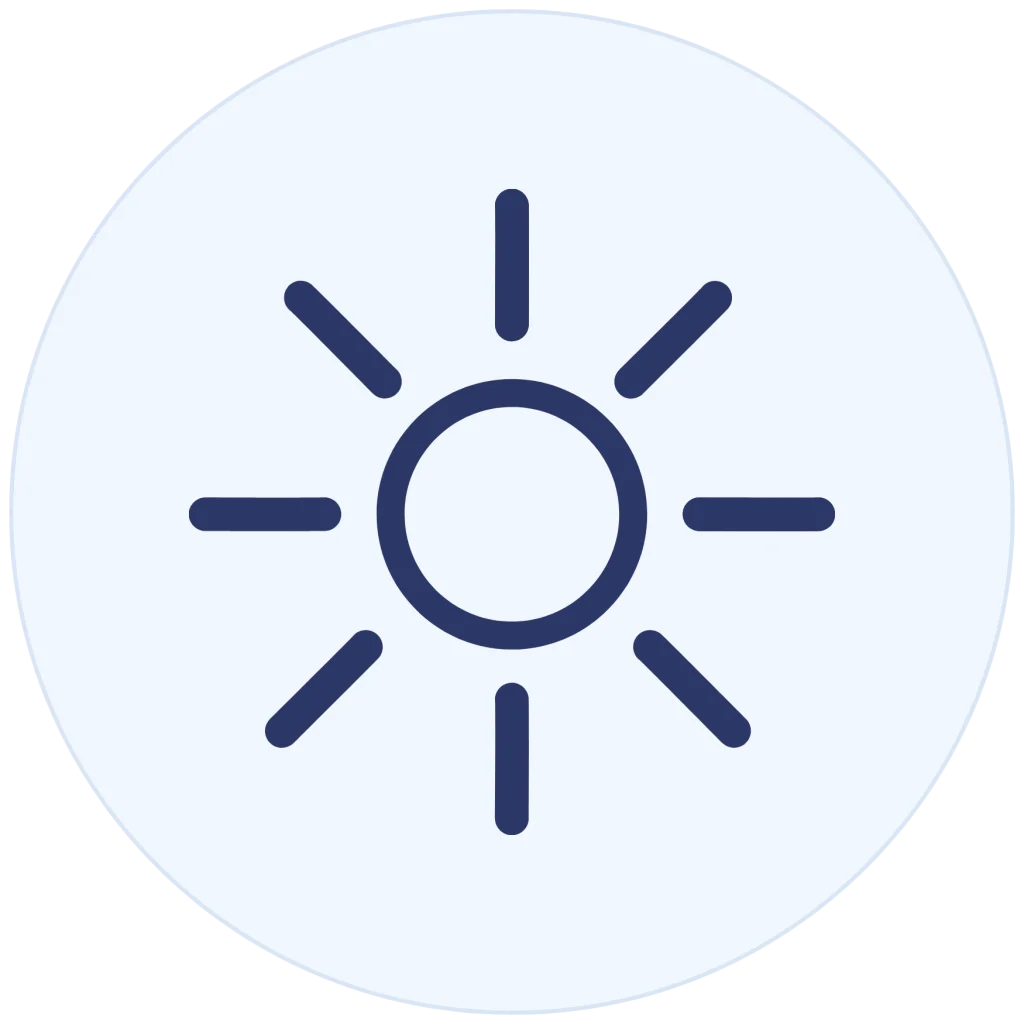 Minimalist line icon of a sun with radiating rays, inside a light blue circle background.