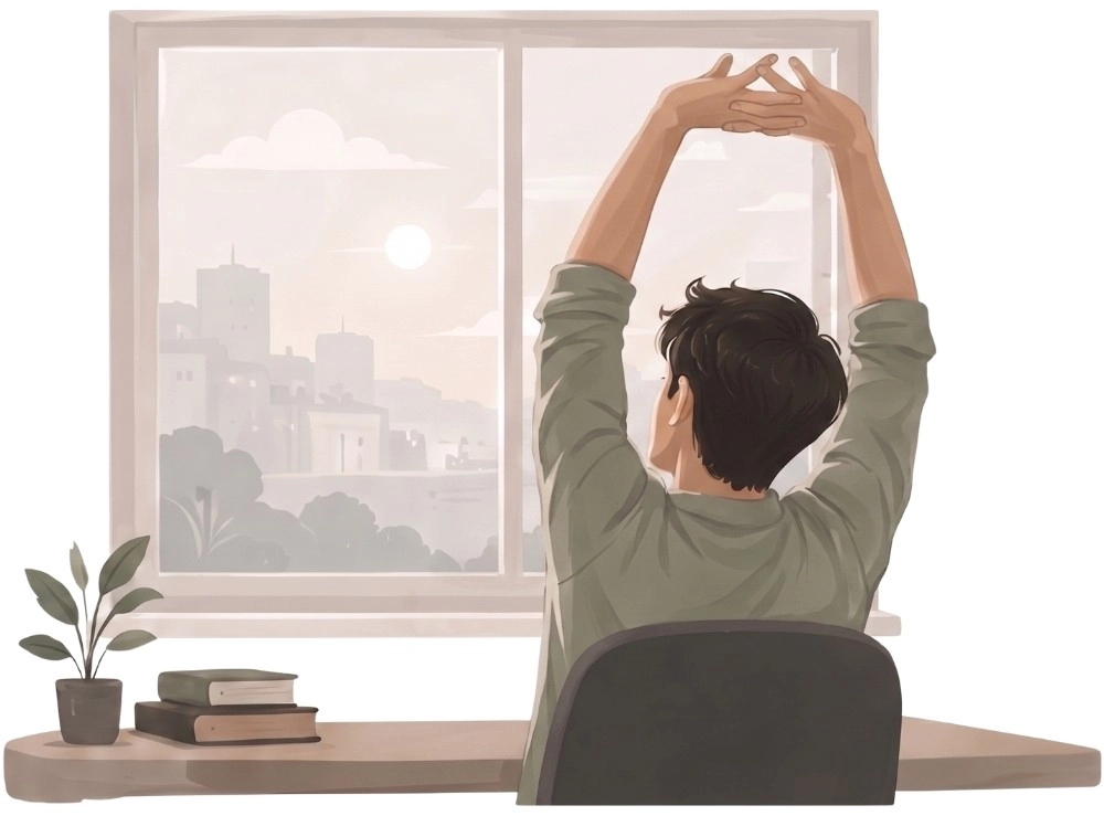 Illustration of a man sitting at a desk from behind, stretching his arms while looking out a window at a morning city view.
