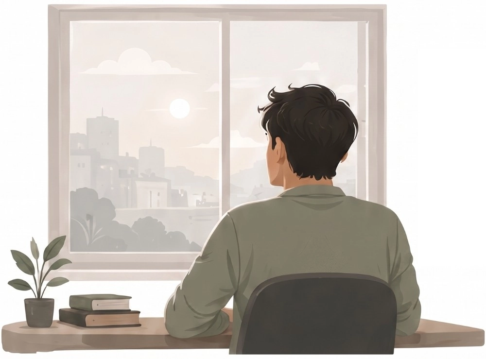 Illustration of a man looking out a window at a hazy city skyline, representing mental health burnout.