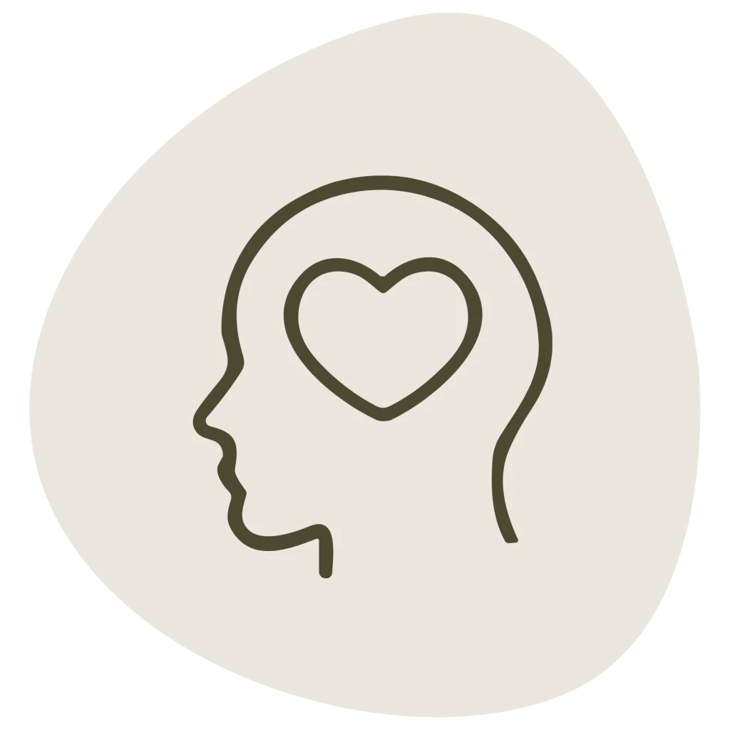 Minimalist line icon of a human head profile with a heart inside, in a dark green outline on a beige organic shape.