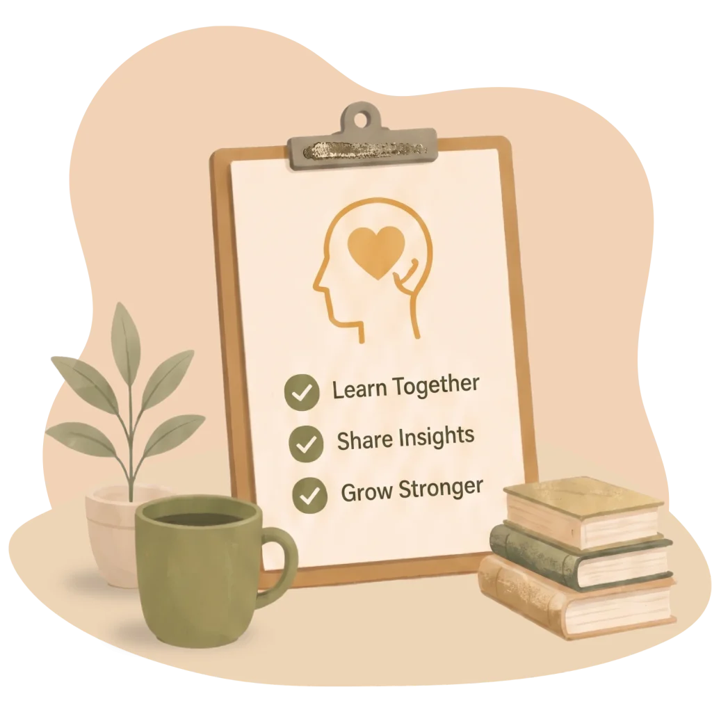 Illustration of a clipboard showing a checklist with a mental health icon, next to a green mug, books, and a potted plant.