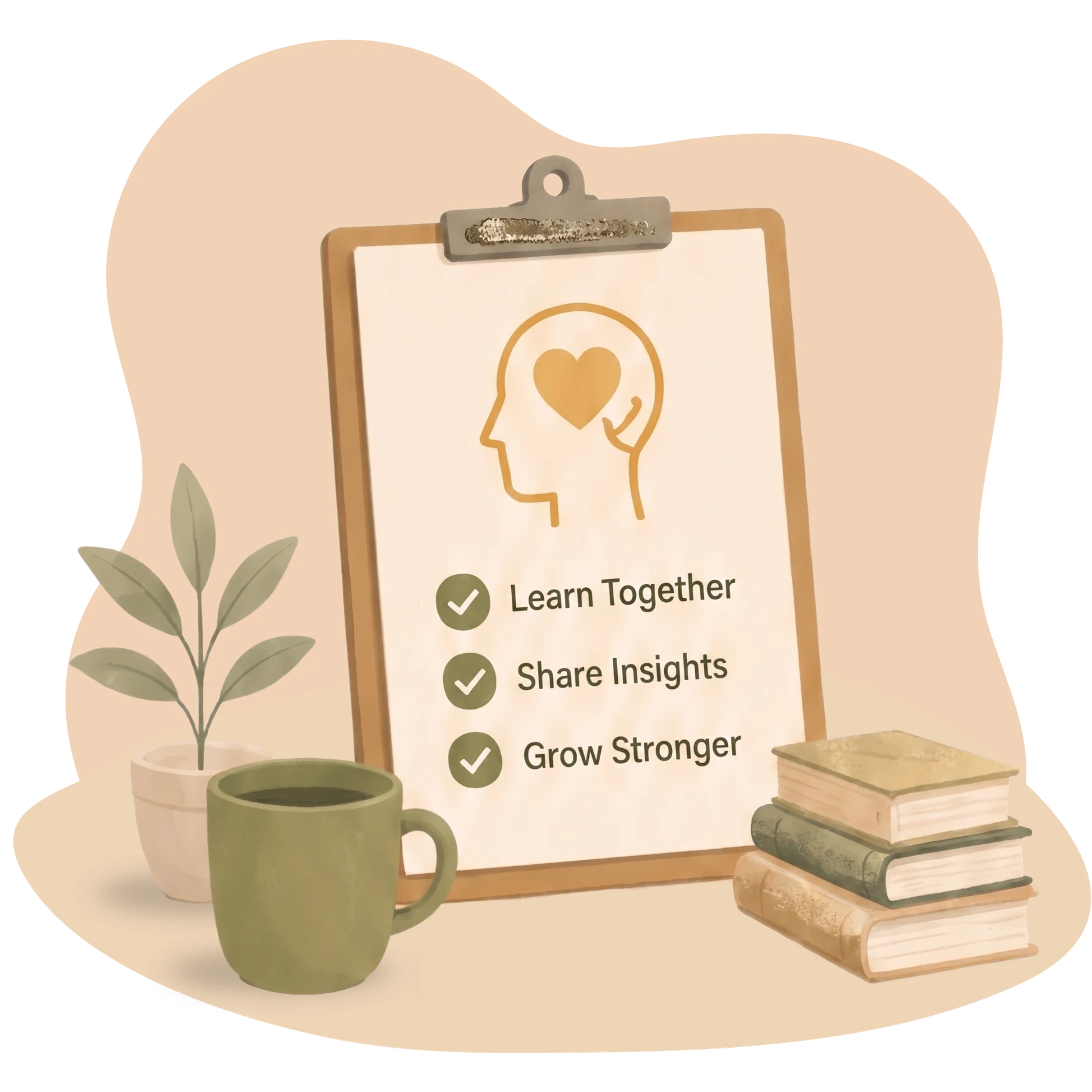 Illustration of a clipboard showing a checklist with a mental health icon, next to a green mug, books, and a potted plant.