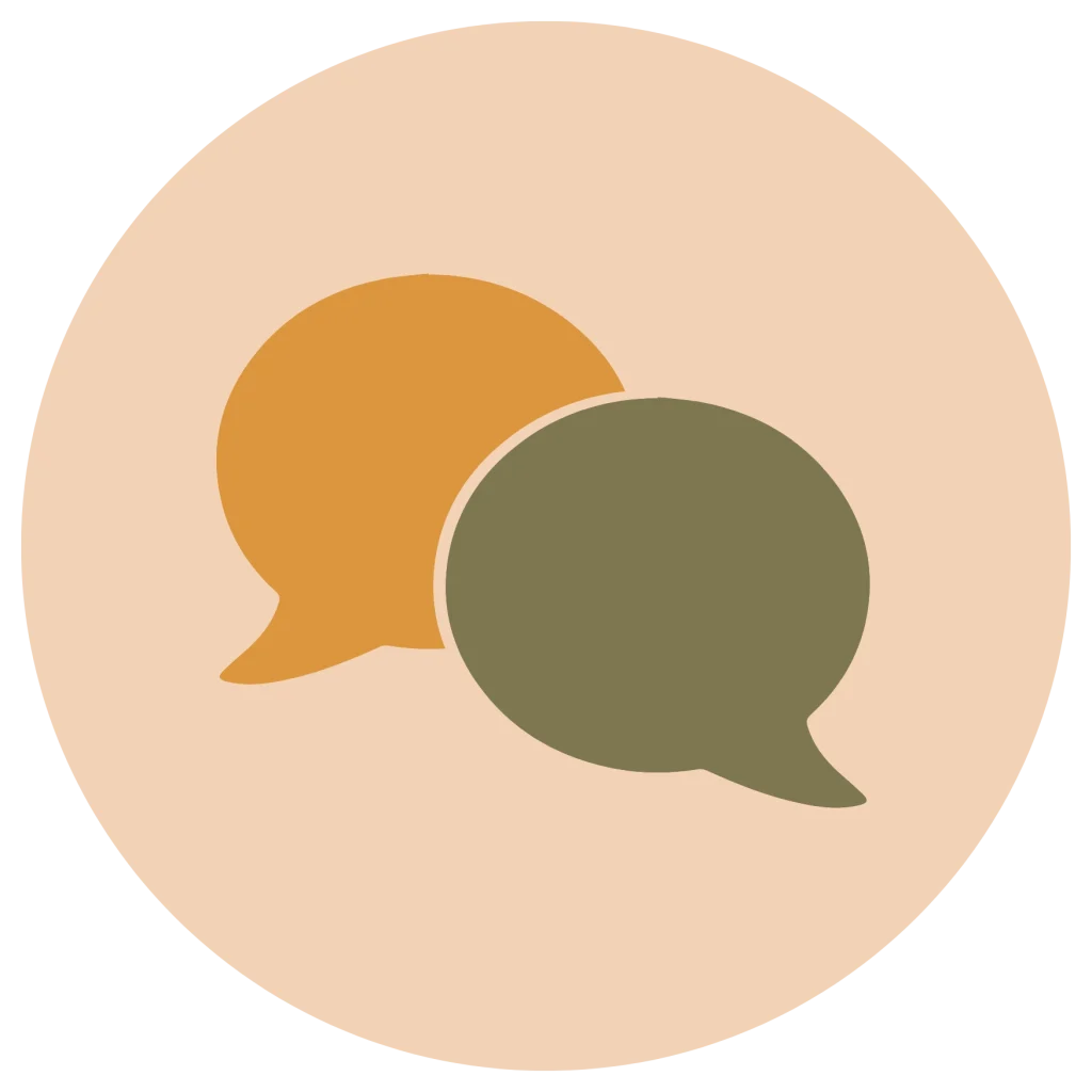 Minimalist flat icon of two overlapping speech bubbles in orange and muted green, set against a peach circular background.