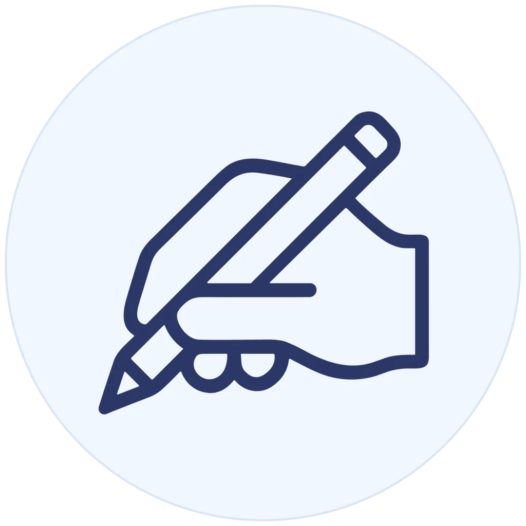 Minimalist line icon of a hand holding a pencil and writing, inside a light blue circle background.