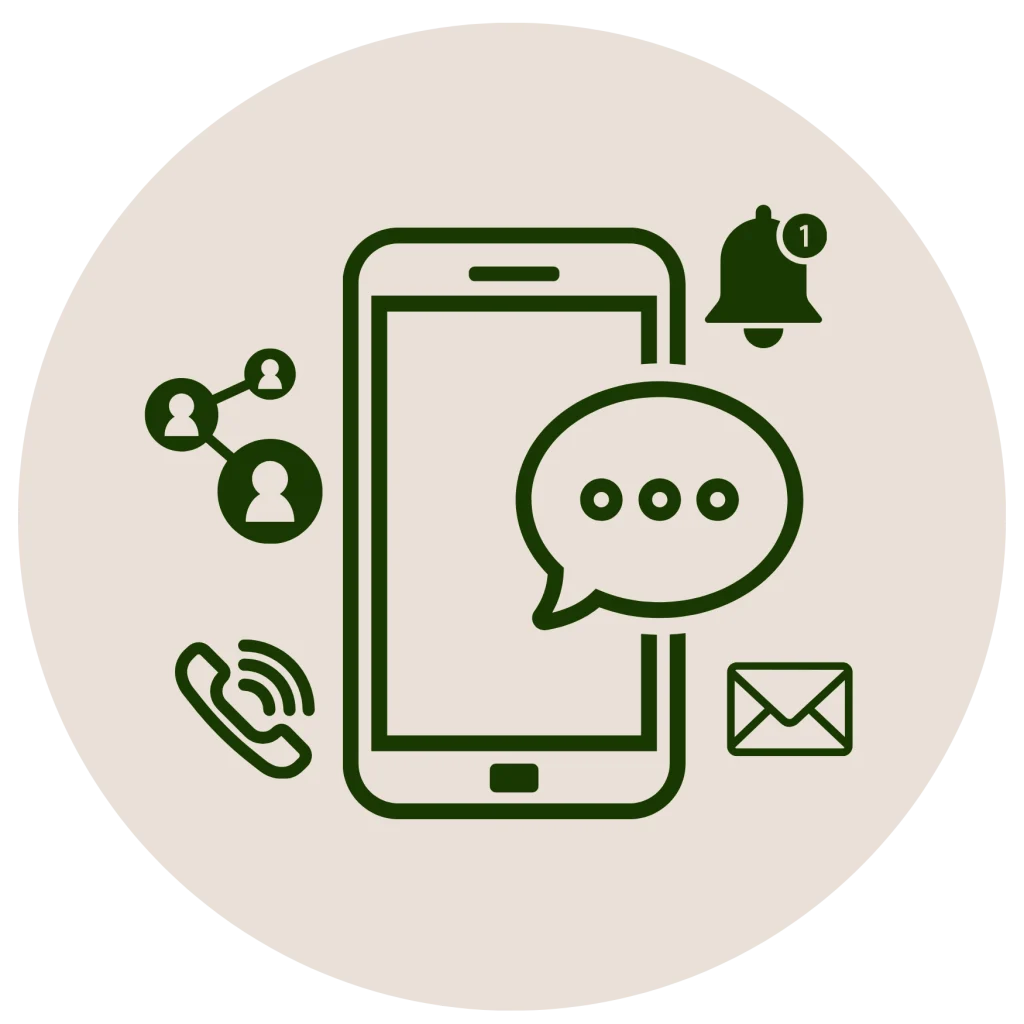 Minimalist line icon of a smartphone surrounded by messaging, call, and notification symbols inside a light circle background.