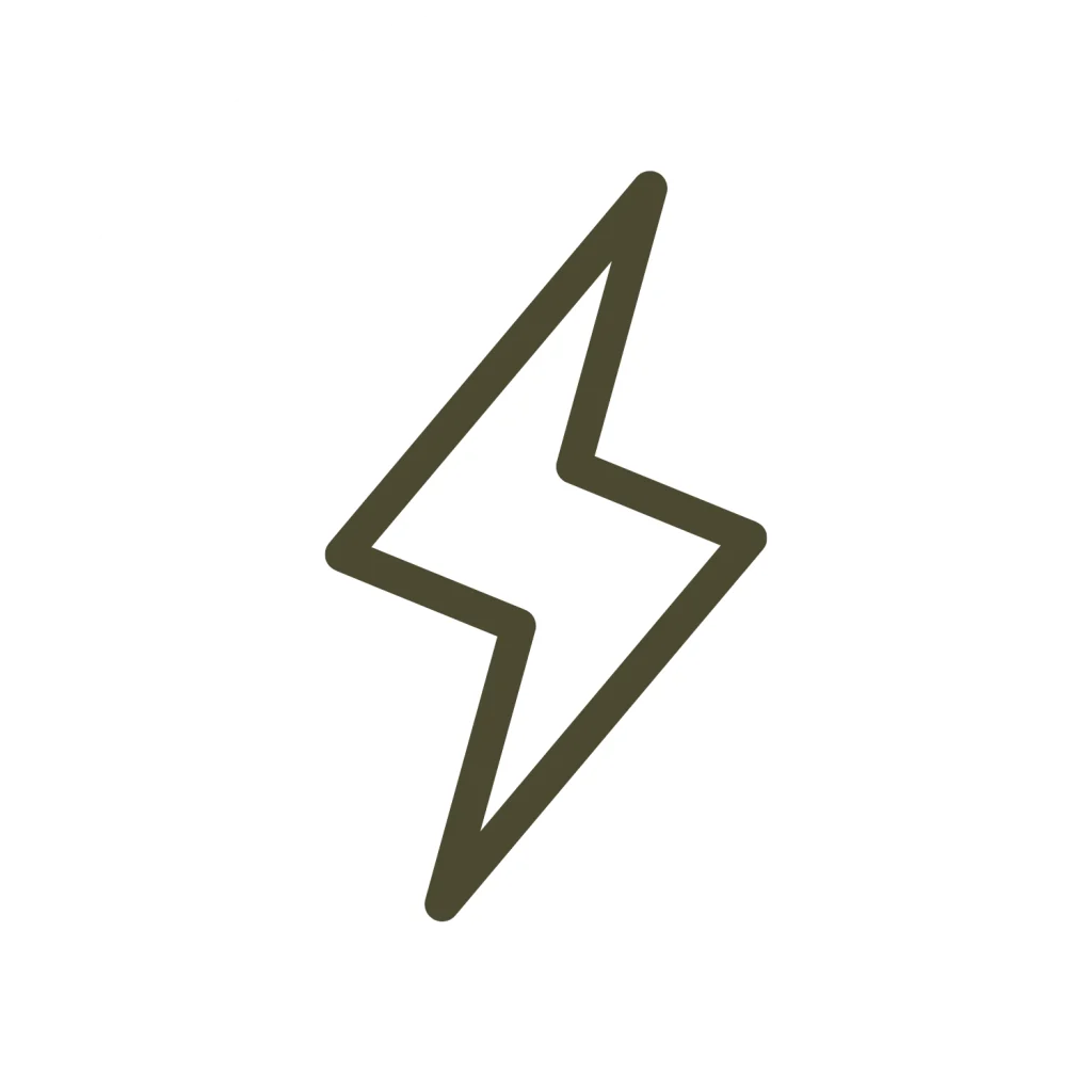 Minimalist line icon of a lightning bolt in a dark green outline on a white background.