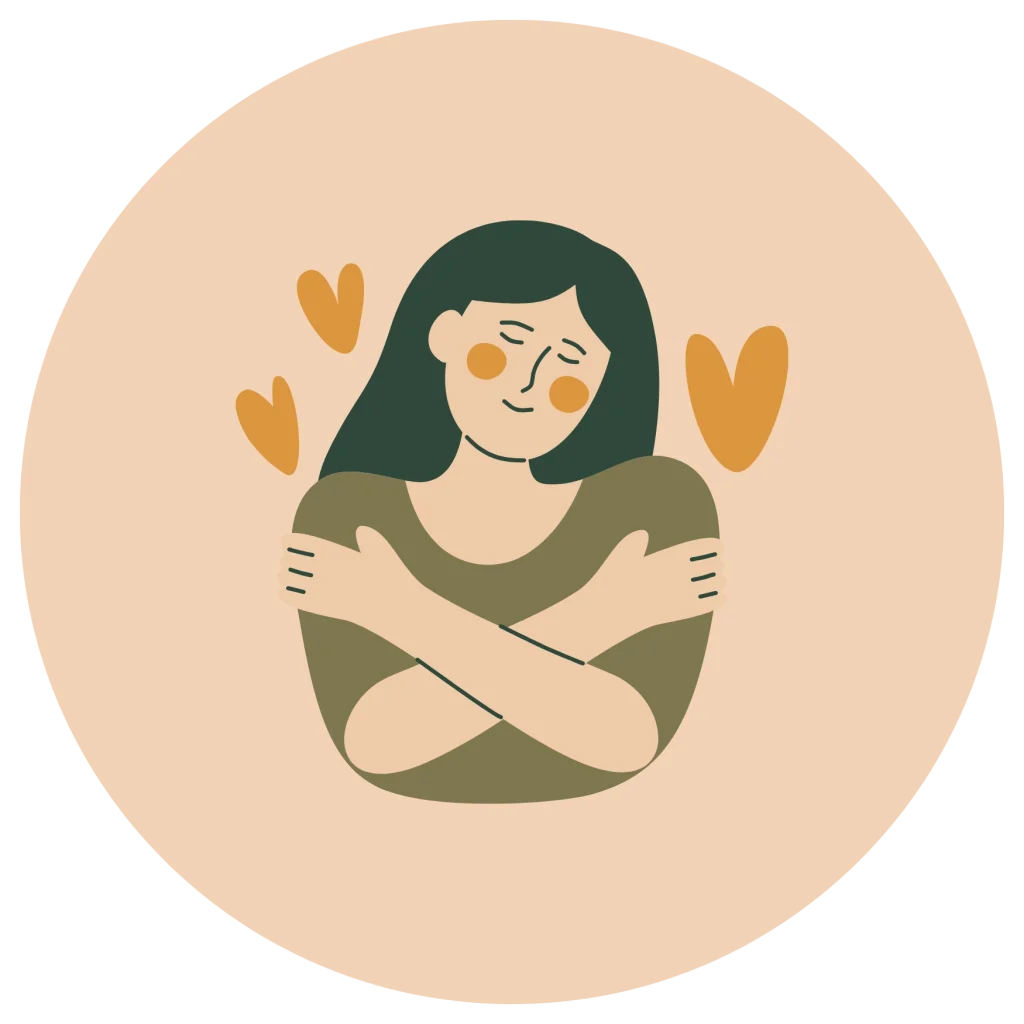 Minimalist flat icon of a woman hugging herself surrounded by orange hearts inside a circle, on a peach background.