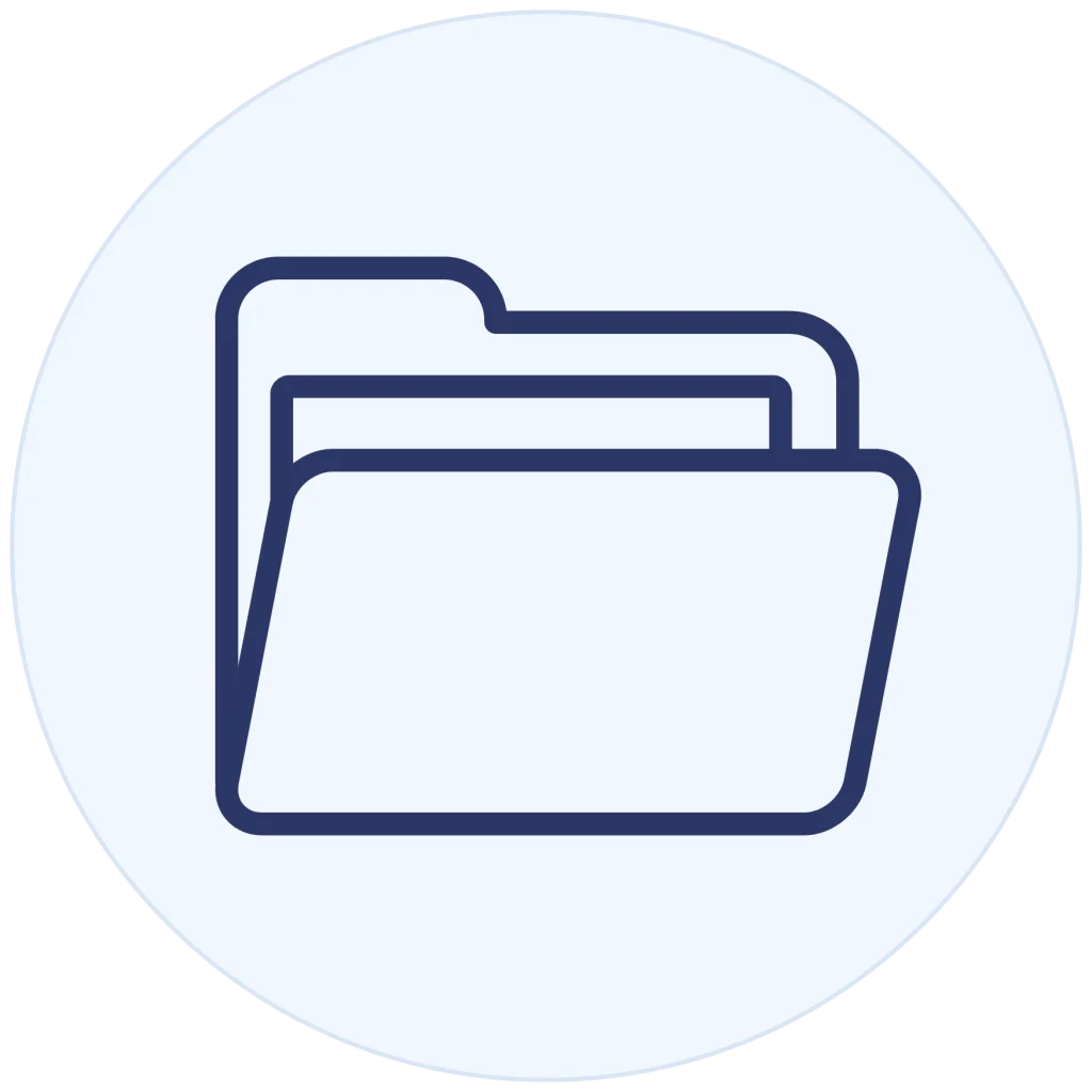 Minimalist line icon of an open file folder with documents inside, on a light blue circle background.