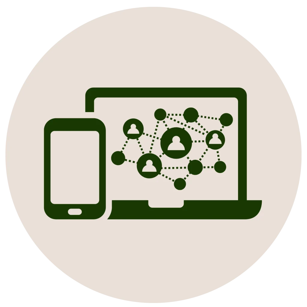 Minimalist flat icon of a laptop and smartphone with a social network mesh inside a circle, in dark green on off-white.