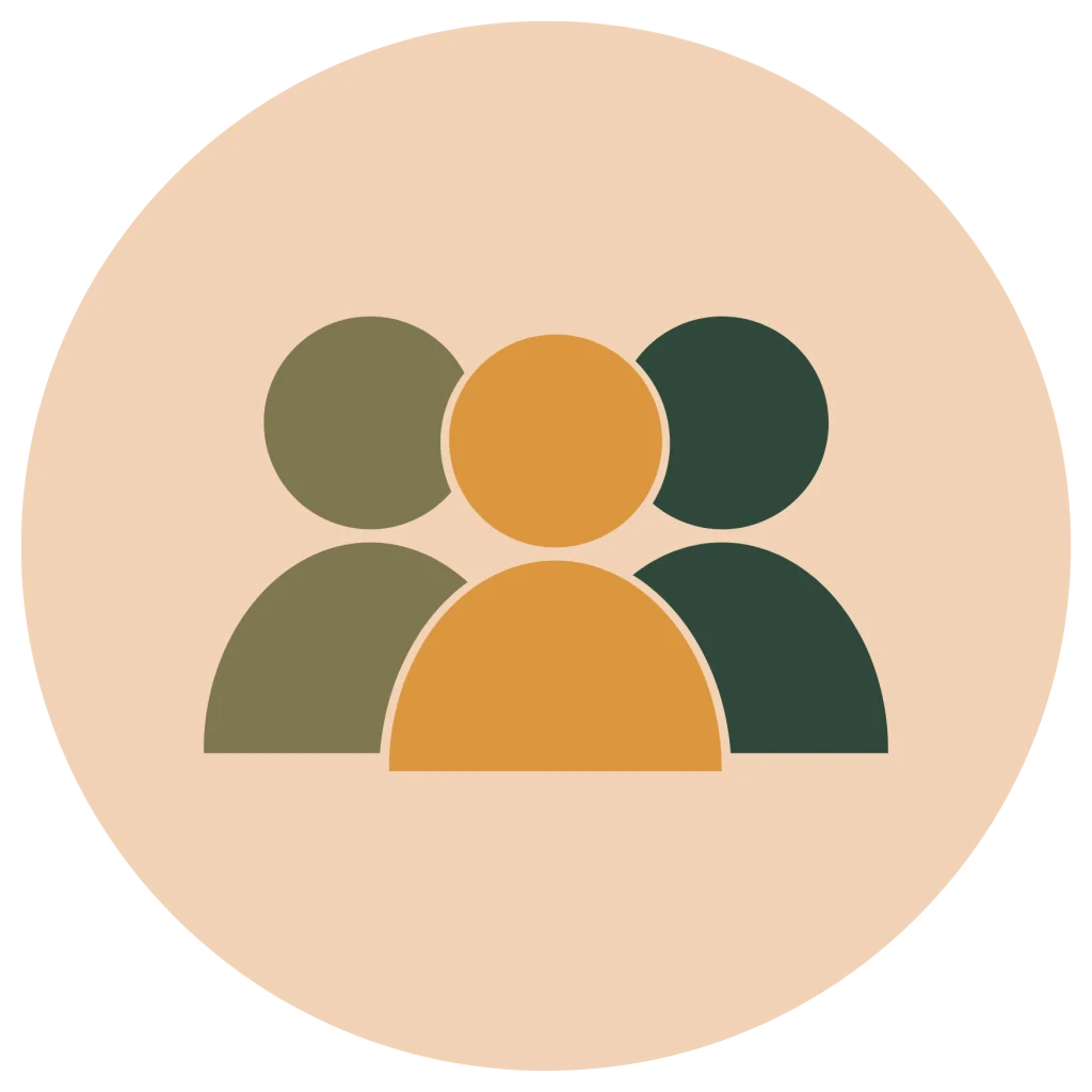 Minimalist flat icon of three overlapping user avatars in orange, olive, and dark green, inside a peach circle background.