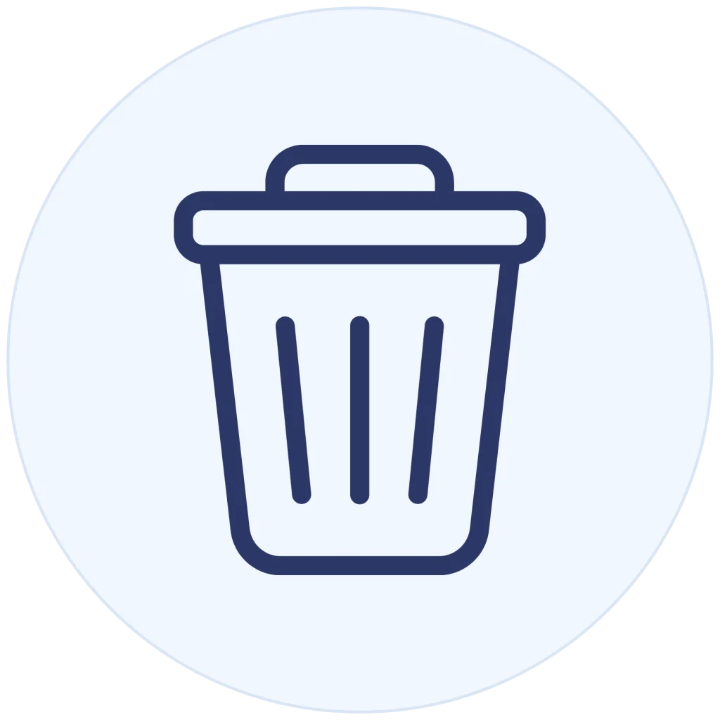 Minimalist line icon of a trash can with a lid, inside a light blue circle background.