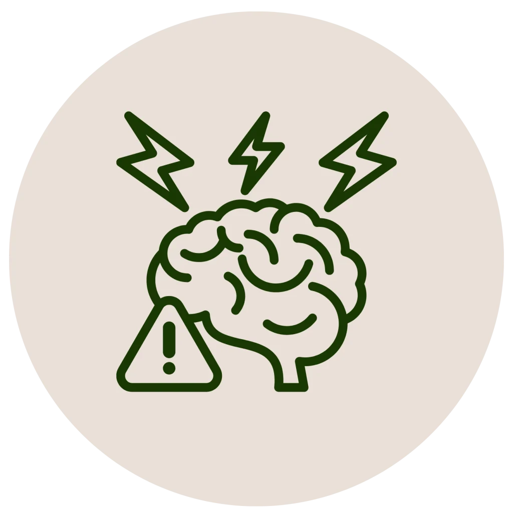 Minimalist line icon of a human brain with lightning bolts and a warning sign inside a circle, in a dark green outline on an off-white background.