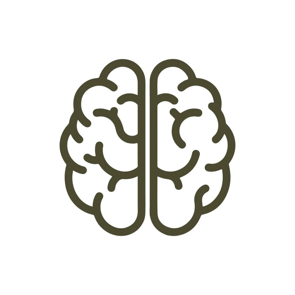 Minimalist line icon of a brain inside a circle, in a dark green outline on a white background.