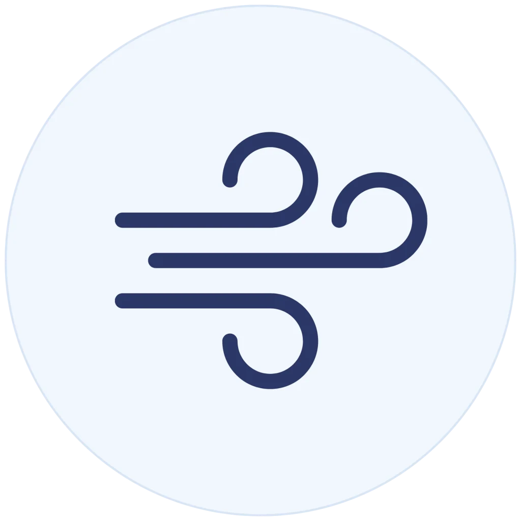 Minimalist line icon of swirling wind currents, inside a light blue circle background.