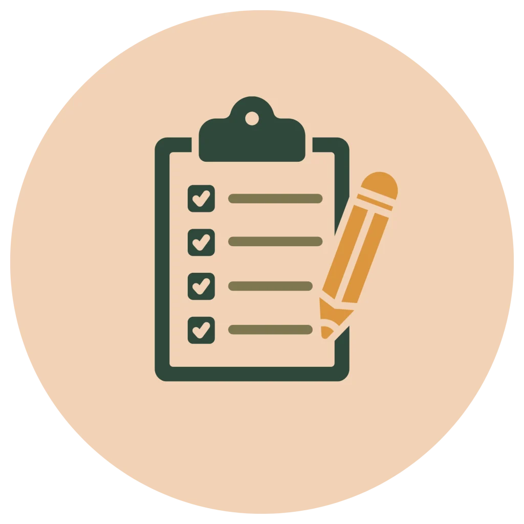 Minimalist flat icon of a dark green clipboard checklist with checked boxes and an orange pencil, inside a peach circle background.