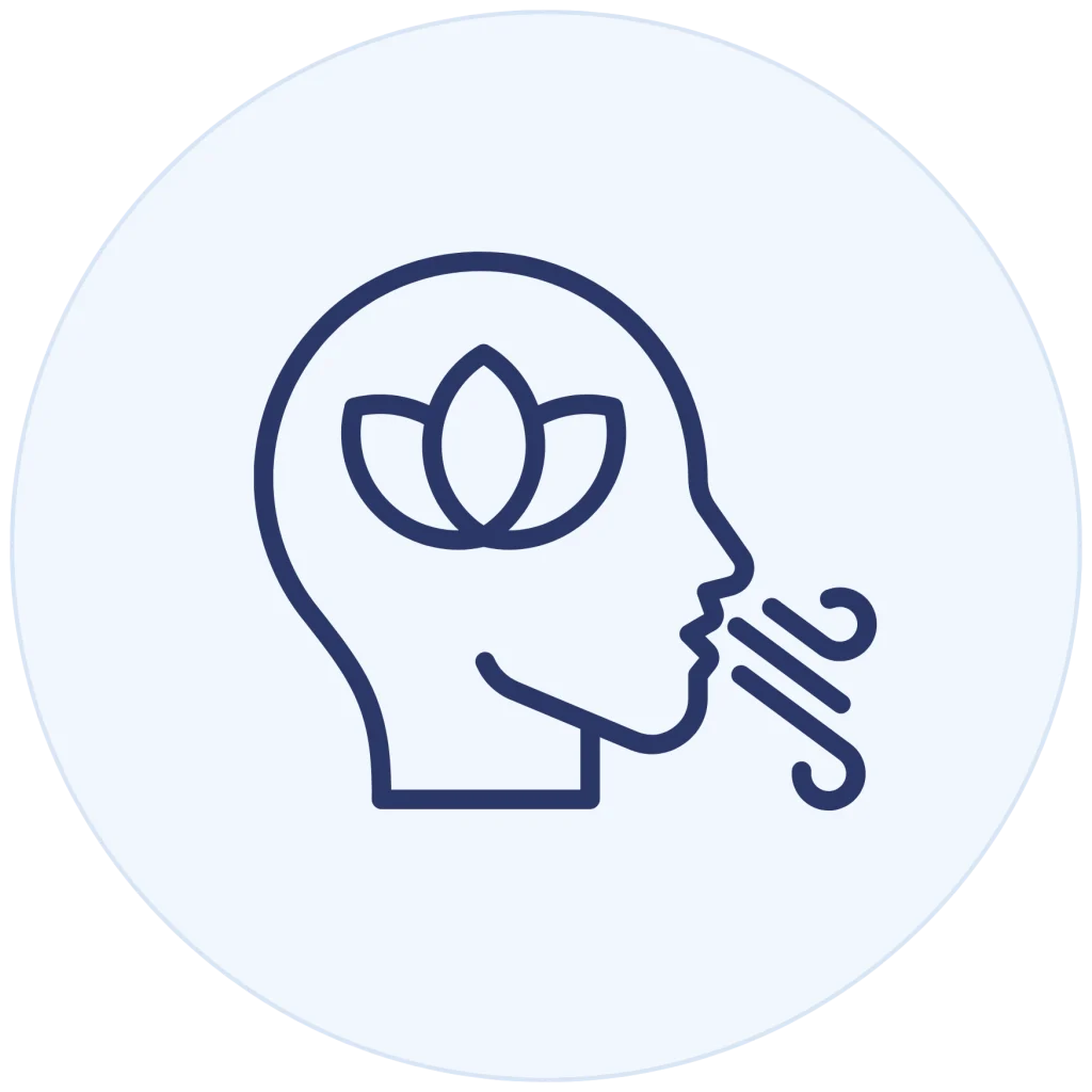 Minimalist line icon of a person breathing with a lotus leaf inside the mind, on a light blue circle background.