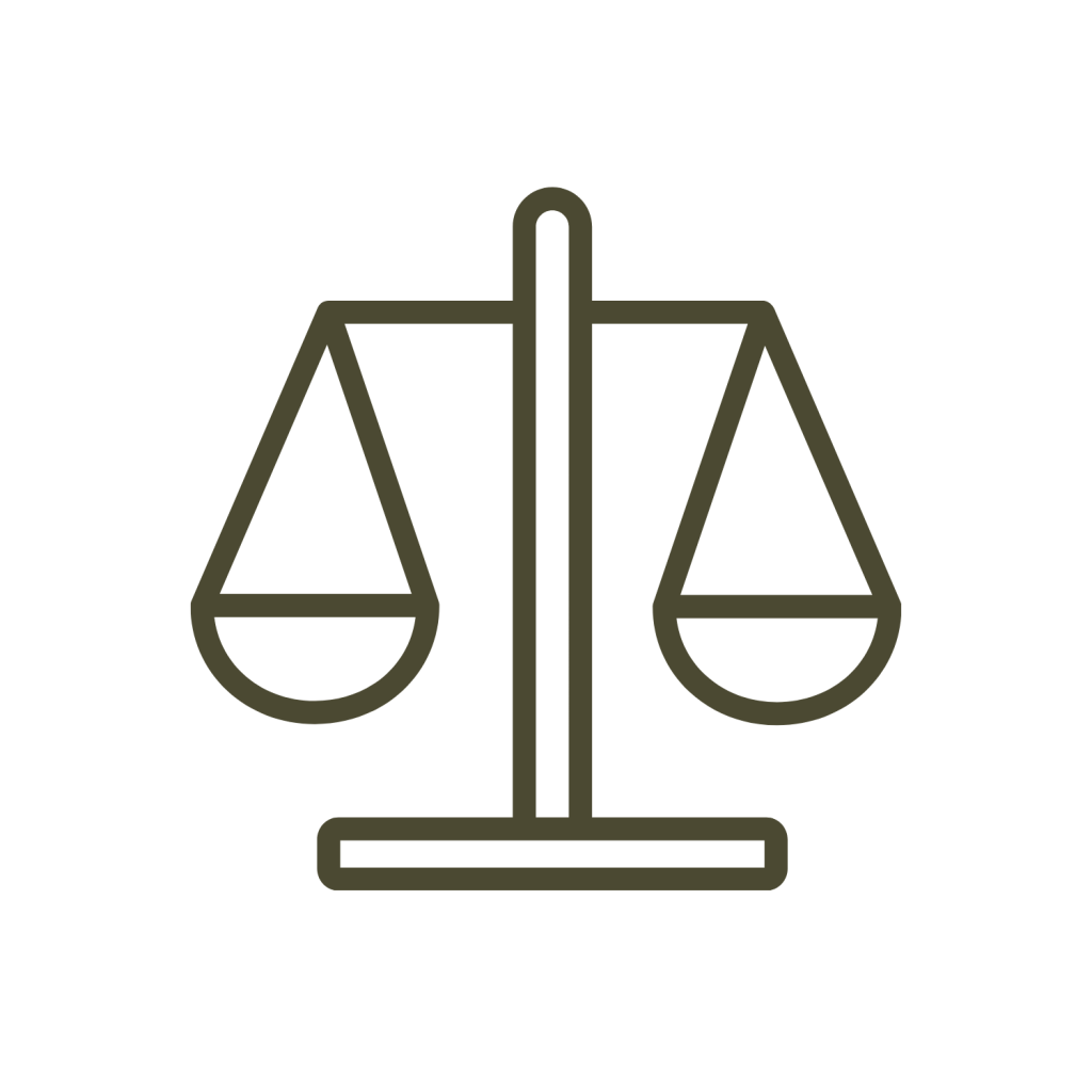 Minimalist line icon of a balanced scale of justice in a dark green outline on a white background.