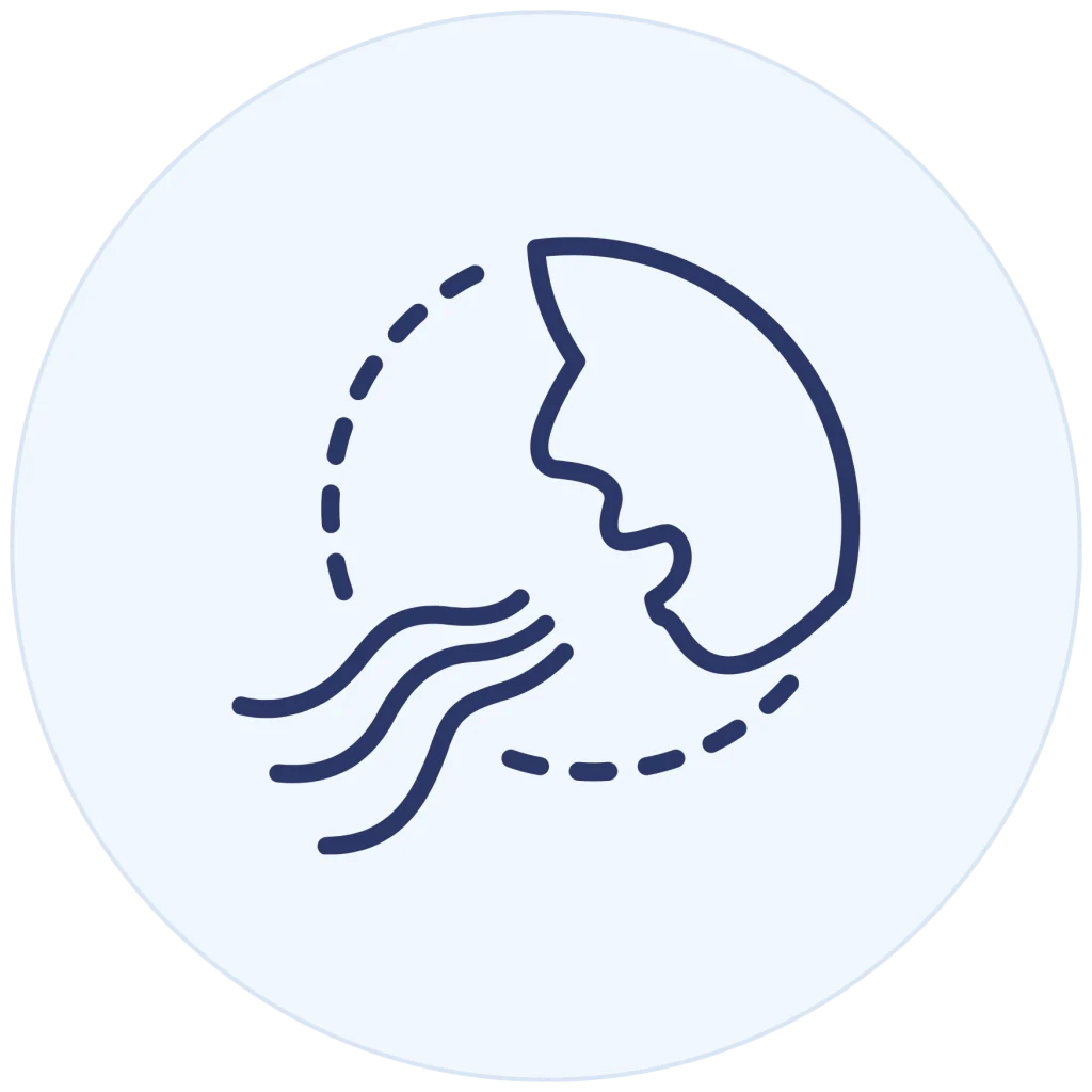 Minimalist line icon of a face profile exhaling a deep breath, inside a light blue circle background.