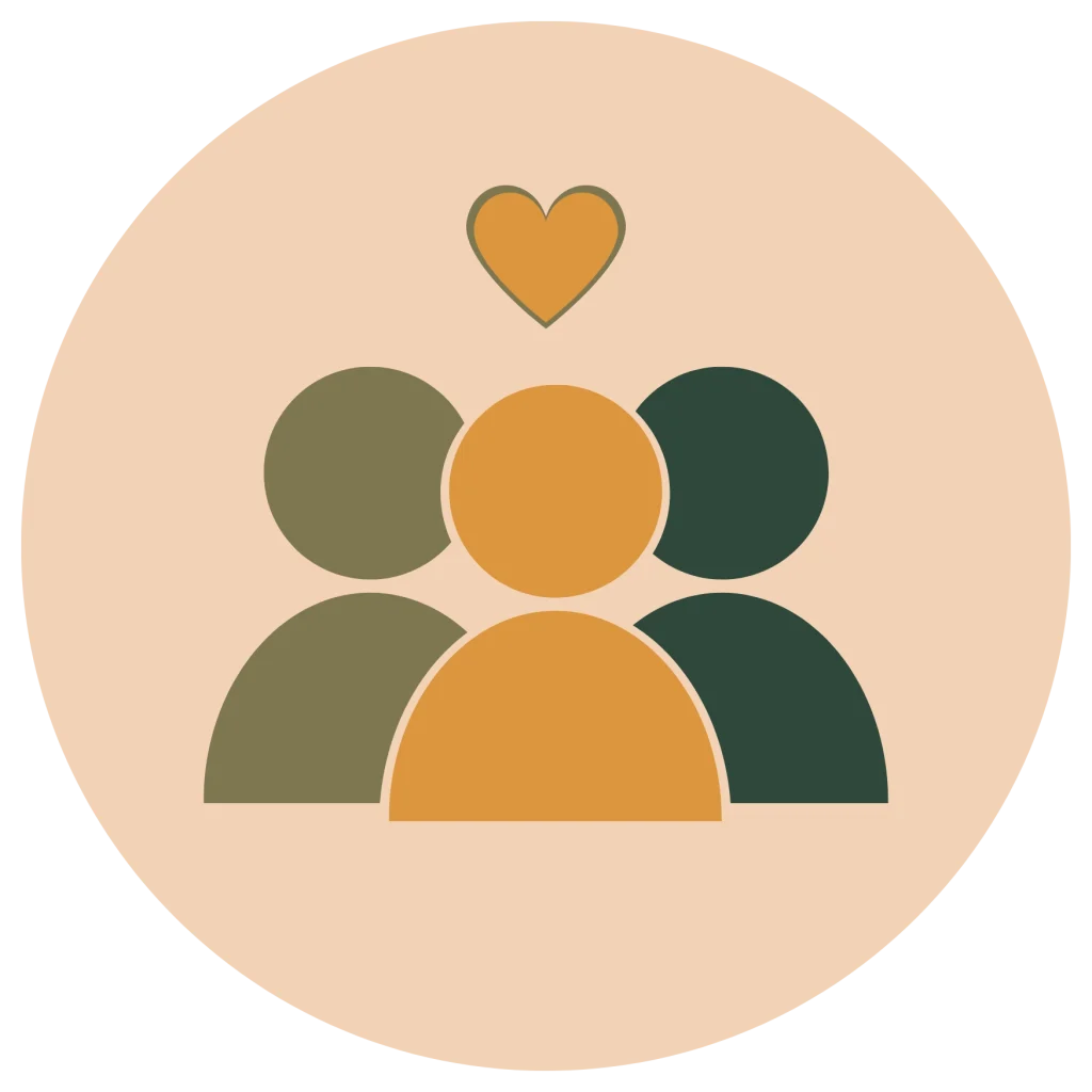 Minimalist flat icon of three overlapping user avatars in orange, olive, and dark green, topped with an orange heart, inside a peach circle background.