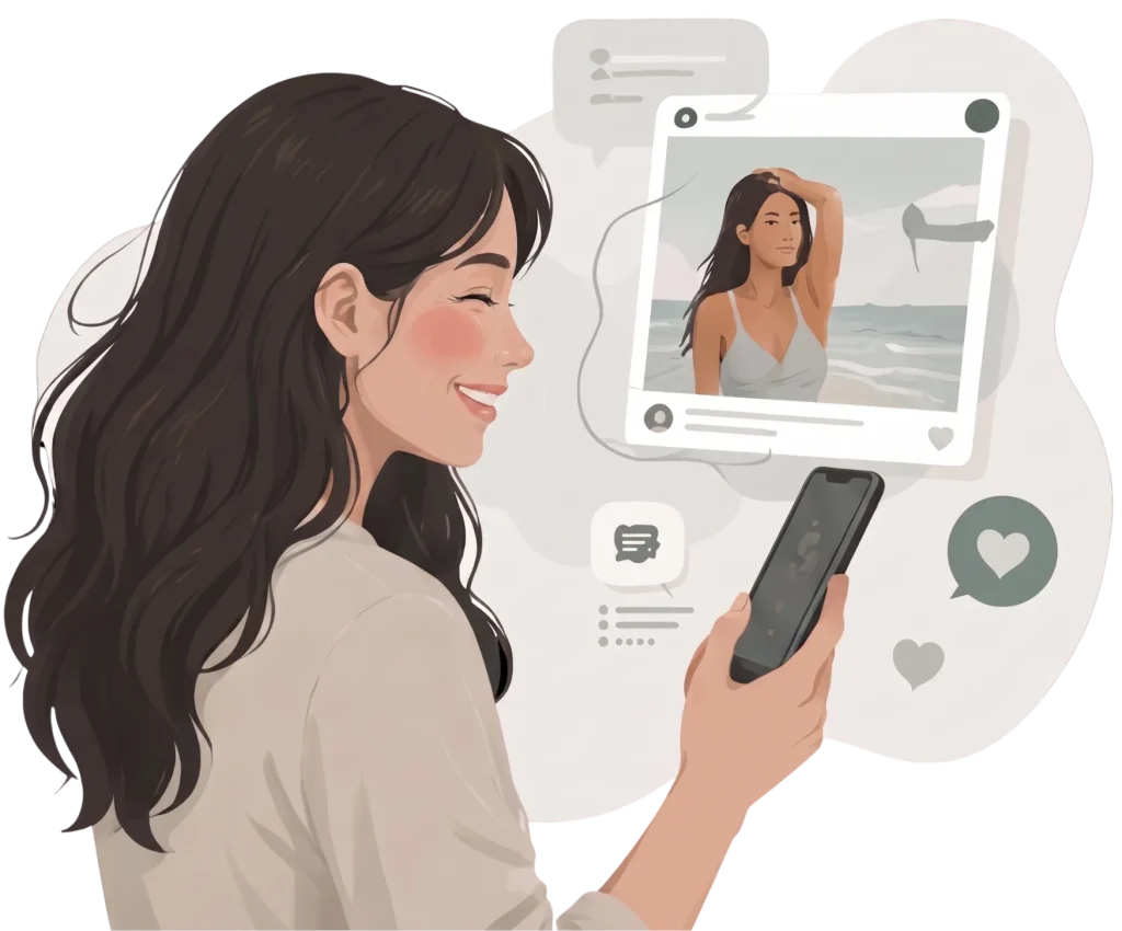 Illustration of a smiling woman looking at a social media post on her phone, showing a picture of a woman at the beach.