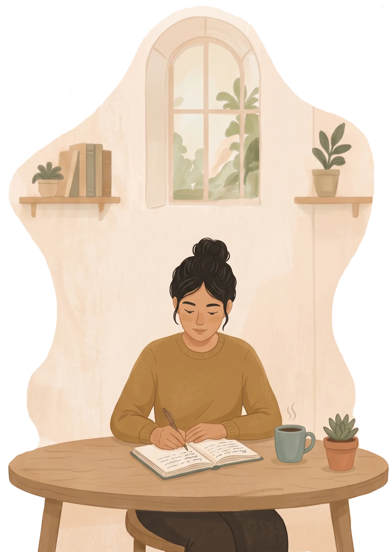 Illustration of a woman with her hair in a bun writing in a notebook at a table with coffee, beneath an arched window.