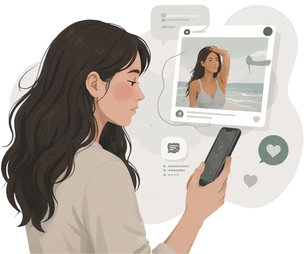 Illustration of a woman looking at social media on her phone, experiencing mental health burnout from comparison.