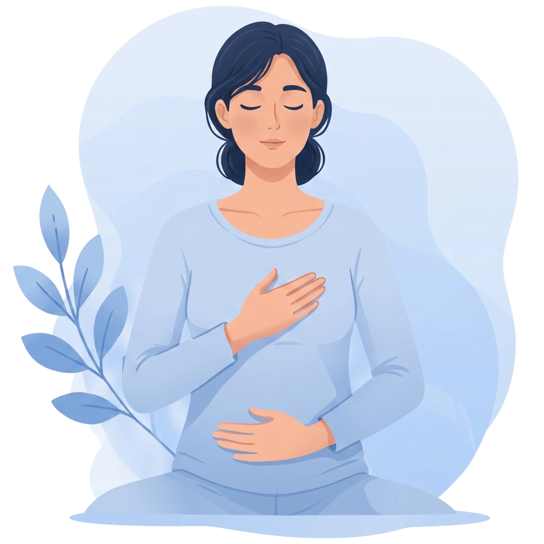 Serene illustration of a woman meditating with hands on her chest and stomach to soothe mental health overwhelm.