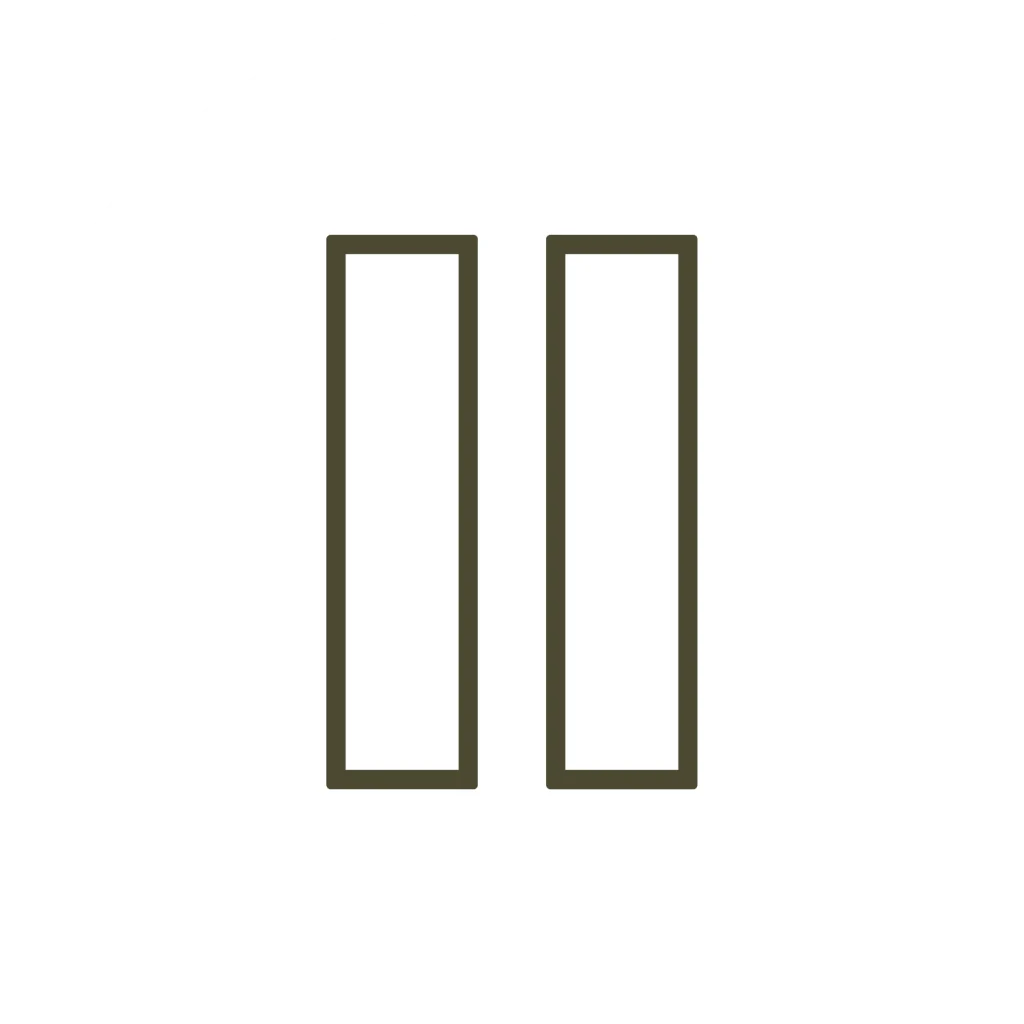 Minimalist line icon of a pause symbol in a dark green outline on a white background.