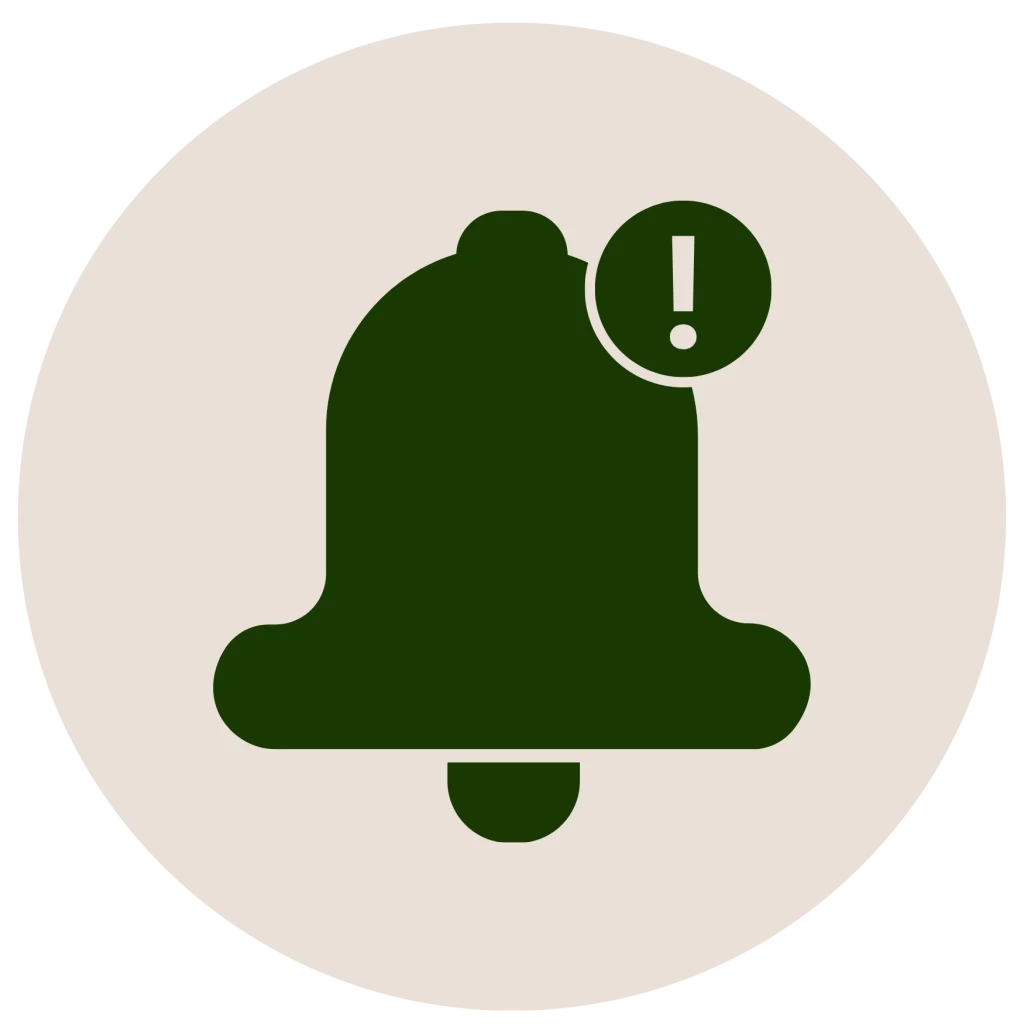 Minimalist flat icon of a notification bell with an exclamation mark badge inside a circle, in a dark green silhouette on an off-white background.
