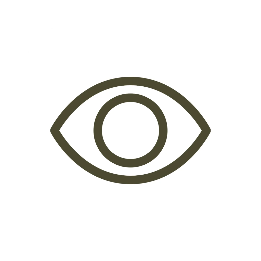 Minimalist line icon of a human eye in a dark green outline on a white background.