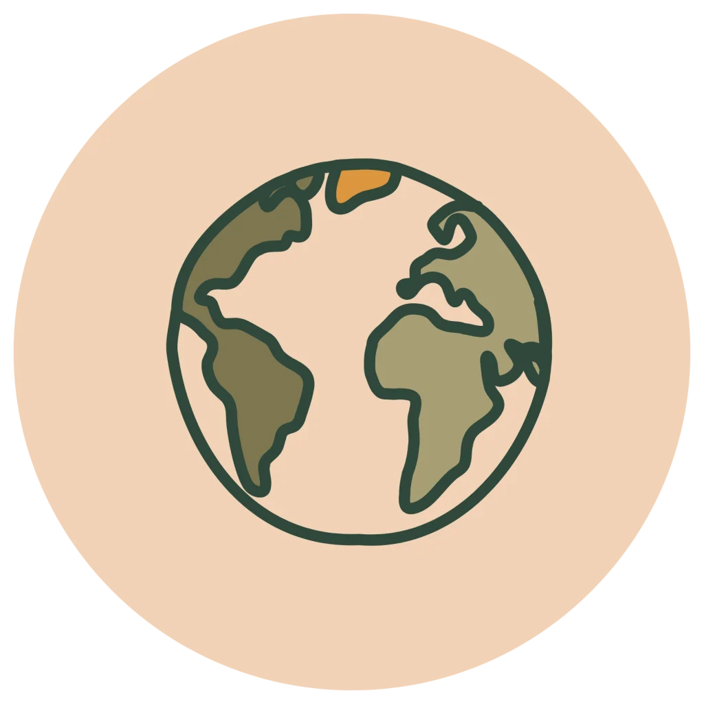 Minimalist line icon of the planet Earth in dark green, olive, and orange tones, inside a peach circle background.
