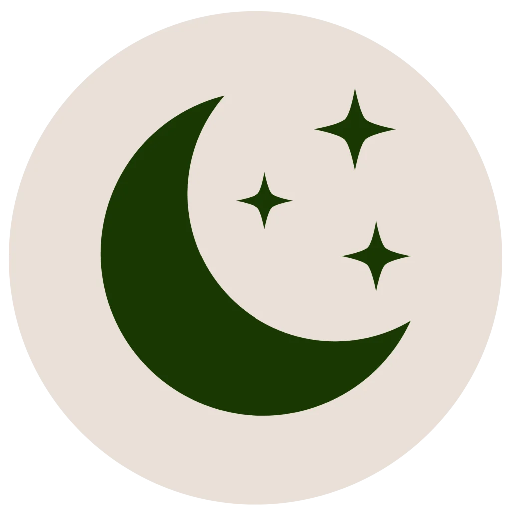 Minimalist flat icon of a crescent moon and stars inside a circle, in a dark green silhouette on an off-white background.