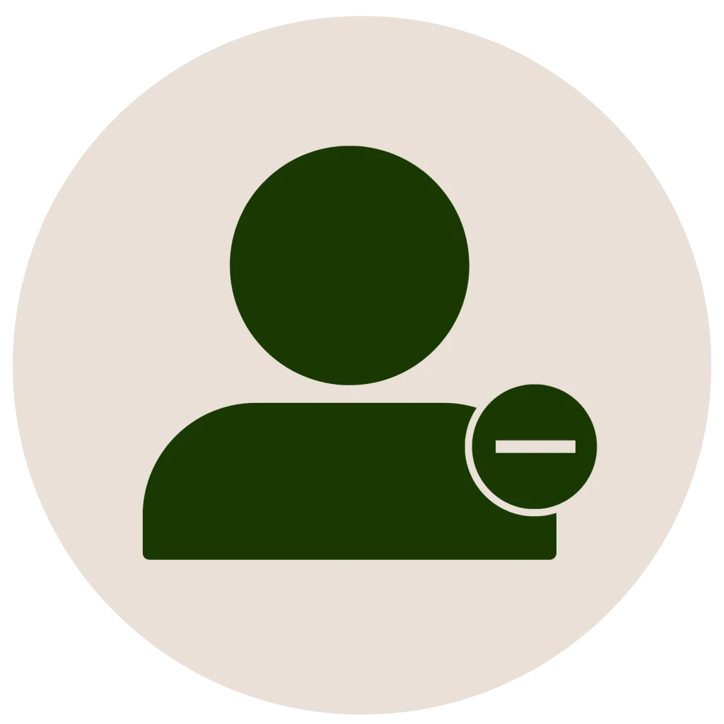 Minimalist flat icon of a user profile with a minus sign badge inside a circle, in a dark green silhouette on an off-white background.
