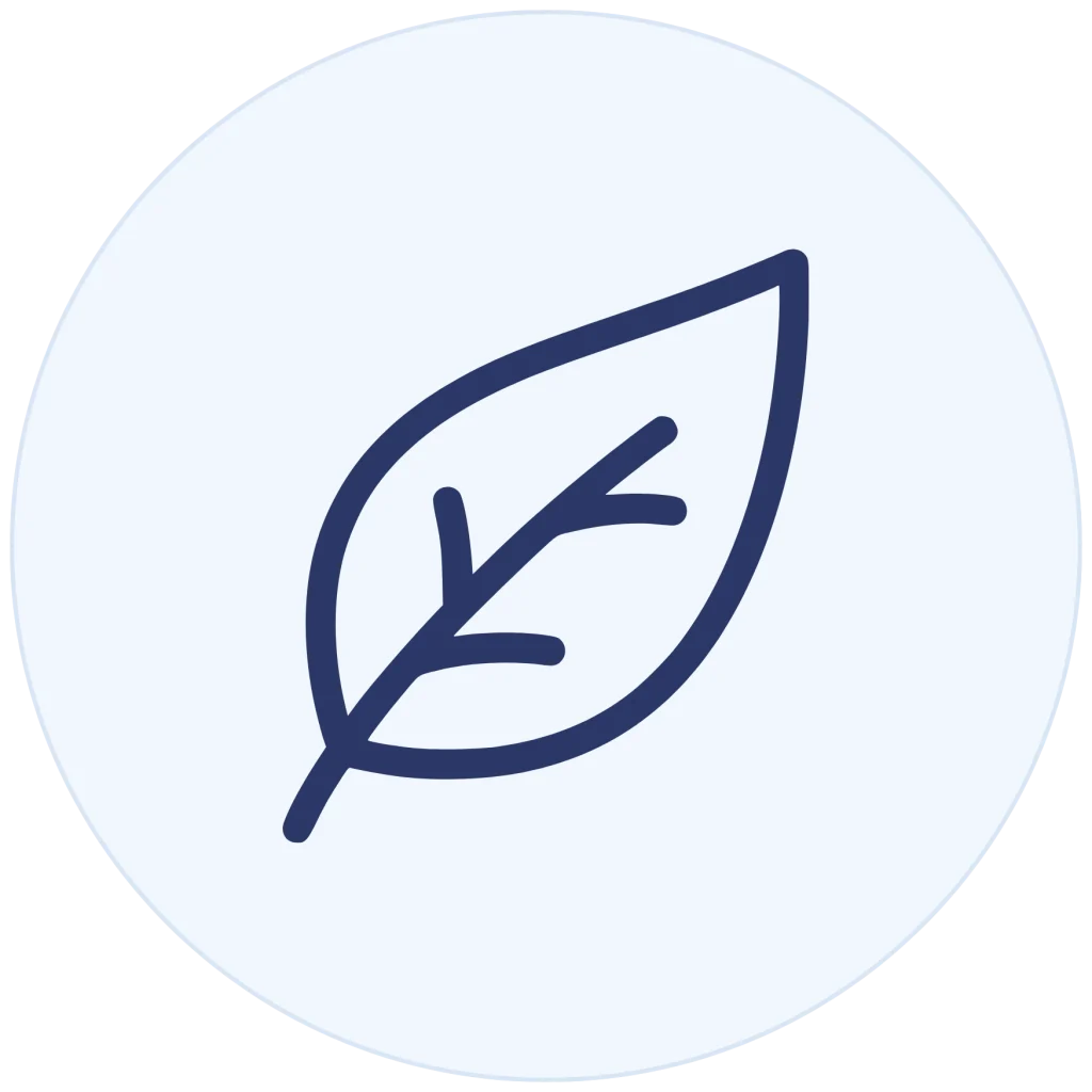 Minimalist line icon of a single leaf with delicate veins, inside a light blue circle background.