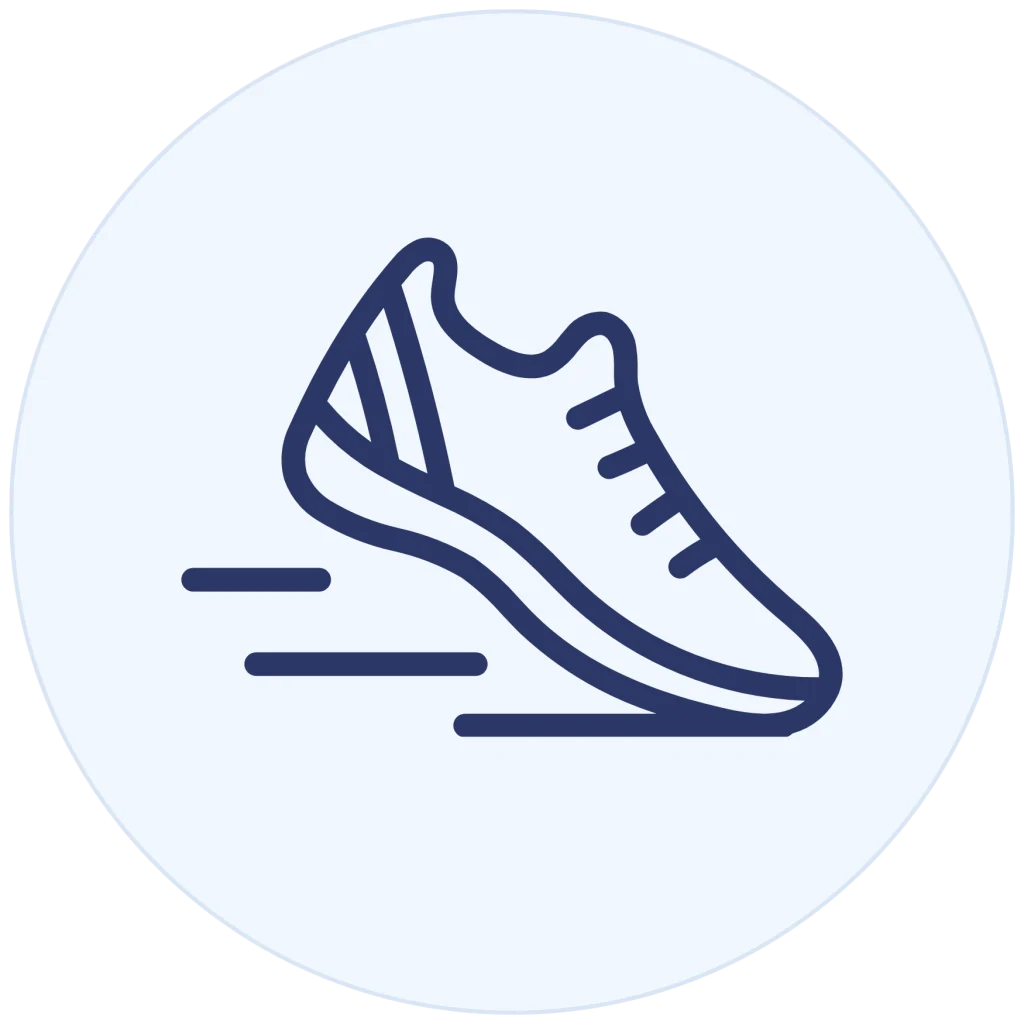 Minimalist line icon of a running shoe with speed lines, inside a light blue circle background.
