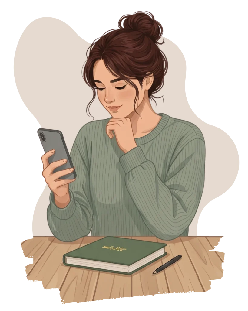 Illustration of a woman smiling while looking at her phone, with a notebook and pen on the desk in front of her.